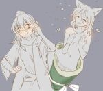  2girls :o ^_^ animal_ears arm_up armor bag bag_behind_back blush check_object closed_eyes commentary_request confetti crossed_bangs double-parted_bangs fox_ears fox_girl green_bag grey_background hair_between_eyes hand_on_own_ear hands_on_own_chest hat heart highres iizunamaru_megumu in_bag in_container indis jacket kudamaki_tsukasa limited_palette long_hair long_sleeves medium_hair multiple_girls nose_blush notice_lines open_mouth ribbon ribbon-trimmed_sleeves ribbon_trim romper shirt shoulder_armor simple_background skirt smile surprised tokin_hat touhou upper_body v-shaped_eyebrows white_armor white_eyes white_hair white_hat white_jacket white_ribbon white_romper white_shirt white_skirt wide_sleeves 