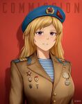  1girl absurdres artist_name beret blonde_hair blue_hat brown_jacket collar_tabs commentary commission english_commentary english_text grzegorz1996 hammer_and_sickle hat highres jacket long_hair looking_at_viewer medal military military_uniform original purple_eyes red_star shirt shoulder_boards smile solo soviet soviet_army star_(symbol) striped_clothes striped_shirt upper_body 