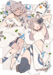  1girl :3 :o ^_^ animal_ears animalization bell blue_collar blue_gloves blue_shorts blue_socks blue_thighhighs blue_tube_top blue_wrist_cuffs border bow_legwear brown_background brown_shoes bug butterfly calico_(pattern) calico_cat cat_ears cat_girl cat_ornament cat_tail check_clothing check_commentary closed_eyes closed_mouth clothing_request collar commentary commentary_request double-parted_bangs egg_print english_commentary english_text from_above fur_blanket gloves grey_hair hair_between_eyes heart highres leaf long_sleeves midriff mixed-language_commentary mixed-language_text multilingual_commentary multiple_views navel neck_bell open_mouth original person_and_animalization pillow shoes short_hair shorts simple_background sleeping sleepy socks spiked_hair spiral squeans strapless stretching tail thighhighs translation_request tsukudani_yosuke tube_top two-tone_shorts two-tone_socks two-tone_tube_top two-tone_wrist_cuffs white_border white_shorts white_sleeves white_socks white_tube_top white_wrist_cuffs wrist_cuffs yawning 