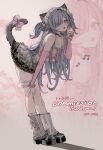  1girl animal_ear_fluff animal_ears bell bow cat_ears cat_girl cat_hair_ornament cat_tail commentary_request commission crop_top detached_sleeves eyes_visible_through_hair frilled_thigh_strap full_body gauze gauze_on_leg hair_bow hair_ornament hair_over_one_eye hairclip hand_on_own_knee highres lace-trimmed_skirt lace_trim layered_skirt leaning_forward leg_warmers long_sleeves maid_headdress musical_note musical_note_print musical_staff musical_staff_print neck_bell original paw_pose pink_eyes polka_dot polka_dot_bow skeb_commission skirt sushineko8 tail tail_bow tail_ornament thank_you thigh_strap two_side_up x_hair_ornament zoom_layer 