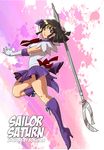  ass back_bow bishoujo_senshi_sailor_moon black_hair bokuman boots bow character_name choker gloves high_heels holding holding_spear holding_weapon jewelry knee_boots magical_girl polearm purple_eyes purple_footwear purple_sailor_collar purple_skirt red_bow sailor_collar sailor_saturn sailor_senshi_uniform short_hair silence_glaive skirt solo spear staff tiara tomoe_hotaru weapon white_gloves 