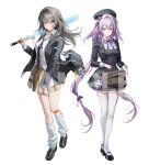  2girls absurdres alternate_costume bag bandaid bandaid_on_cheek bandaid_on_face baseball_bat black_jacket black_shirt black_shoes black_skirt black_vest brown_skirt castorice_(honkai:_star_rail) chii_(chiiriring) closed_mouth collared_shirt commentary_request full_body grey_hair highres holding holding_bag holding_baseball_bat honkai:_star_rail honkai_(series) jacket korean_commentary loafers long_hair long_sleeves looking_at_viewer multiple_girls neck_ribbon purple_eyes purple_hair ribbon sample_watermark school_bag school_uniform shirt shoes simple_background skirt smile socks standing stelle_(honkai:_star_rail) thighhighs thighs trailblazer_(honkai:_star_rail) very_long_hair vest watermark white_background white_shirt white_socks white_thighhighs yellow_eyes zettai_ryouiki 