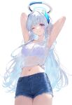  1girl ;d ai-generated alternate_costume armpit_crease arms_up black_halo blue_archive blue_halo blue_shorts blunt_bangs bra collarbone commentary cowboy_shot denim denim_shorts grin halo headpiece highres long_hair looking_at_viewer mechanical_halo monthmio multicolored_halo navel noa_(blue_archive) one_eye_closed open_mouth purple_bra purple_eyes see-through_clothes see-through_shirt shirt short_shorts short_sleeves shorts simple_bird smile solo standing standing_on_one_leg stomach straight_hair sweat teeth torn_clothes torn_shorts underwear untranslatable_commentary very_sweaty white_hair white_halo white_shirt 