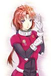  gin'ichi_(akacia) gundam gundam_unicorn highres marida_cruz marida_kruz orange_hair pilot_suit ponytail purple_eyes 