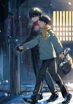  2boys :d absurdres basket black_coat black_gloves black_hair black_pants blush building closed_mouth coat from_side full_body gloves green_coat height_difference highres holding holding_basket holding_hands jacket long_sleeves looking_at_another multicolored_hair multiple_boys night ooe_(game) oosaki_(ooe) open_mouth outdoors pants red_eyes red_scarf road scarf shiodome_(ooe) shoes short_hair smile sneakers snow snowing street striped_clothes striped_scarf sushi_tabetyao town utility_pole walking yaoi yellow_scarf 