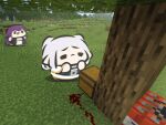  2girls booby_trap chibi commentary elf explosive fern_(sousou_no_frieren) forest frieren game_screenshot_background highres minecraft multiple_girls nature pointy_ears running screenshot_background sousou_no_frieren superappleman tnt tnt_block_(minecraft) tree untranslatable_commentary 