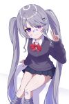  1girl :3 absurdres alternate_costume bandaid bandaid_on_cheek bandaid_on_face bandaid_on_knee bandaid_on_leg bandaid_on_nose banteu black_skirt bow bowtie face_gems flat_chest grey_hair grey_sweater highres hololive hololive_english koseki_bijou long_hair long_sleeves looking_at_viewer pleated_skirt purple_eyes red_bow red_bowtie school_uniform simple_background sitting skirt solo sweater twintails v virtual_youtuber white_background 
