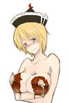  bad_id bad_pixiv_id blonde_hair blush breast_hold breasts chocolate cream embarrassed face hat highres kurokuro large_breasts lunasa_prismriver naked_chocolate nude short_hair sketch solo touhou upper_body wavy_mouth yellow_eyes 