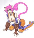  all_fours animal_ears areola areolae blade_kitten blue_eyes breasts breasts_out breasts_outside cat_ears cat_tail catgirl elbow_gloves fingerless_gloves gloves jewelry kit_ballard knee_pads looking_back navel necklace nipples pink_hair quotidia short_hair simple_background smile tail unzipped 