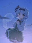  1girl bird black_bow black_bowtie black_hairband bow bowtie chinese_commentary closed_mouth commentary_request frilled_skirt frills green_eyes green_skirt green_vest grey_hair hairband highres hitodama hitodama_print konpaku_youmu konpaku_youmu_(ghost) long_sleeves looking_at_viewer medium_hair print_skirt skirt skirt_set smile solo touhou vest yuanyuanshao 