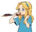  1girl animal blonde_hair blowing blue_dress blue_eyes blue_hairband collared_dress dress hairband hands_up holding kiioki11 long_hair maria_robotnik simple_background solo sonic_(series) standing white_background 