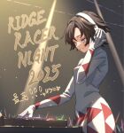  1girl 2025 baronilu blush bodysuit breasts brown_hair commentary_request copyright_name dj grey_eyes hand_on_headphones headphones medium_breasts nagase_reiko ridge_racer short_hair smile solo standing translation_request upper_body white_bodysuit 