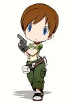  1girl beeru_(veil8801) belt black_gloves blue_eyes brown_belt brown_hair bulletproof_vest choker collarbone commentary_request deformed finger_on_trigger fingerless_gloves full_body gloves green_pants green_shirt green_shoes gun highres holding holding_gun holding_weapon pants rebecca_chambers red_choker resident_evil resident_evil_0 shadow shirt shoes short_hair short_sleeves simple_background solo weapon white_background 