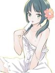  bad_id bad_pixiv_id bare_shoulders black_hair dress dripping face flat_chest flower food green_eyes hair_flower hair_ornament hands highres ice_cream kusano_houki licking nipples original popsicle sitting sketch solo strap_slip sundress tongue twintails 