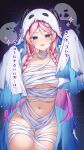  1girl :p absurdres alternate_costume bandages blue_background blue_eyes blush braid breasts citlali_(genshin_impact) collarbone commentary_request facial_mark floating_headgear forehead_mark genshin_impact ghost ghost_costume headgear highres large_breasts long_hair makaroni_(makaroni_kana) multicolored_hair mummy_costume naked_bandage navel pink_hair pink_pupils purple_hair sleeves_past_fingers sleeves_past_wrists solo stomach thigh_gap tongue tongue_out translation_request triangle triangle_facial_mark twin_braids very_long_hair 