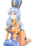  blue_hair blush bodysuit boots breasts covered_nipples dragon_quest dragon_quest_iii gloves hat highres large_breasts latex long_hair mitre nipples orange_bodysuit priest_(dq3) red_eyes shiny shiny_clothes skin_tight slime_(dragon_quest) solo tabard tipo_(tipoplaza) 