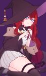  1girl alternate_costume ange_katrina arm_support bare_shoulders black_choker black_coat black_hat black_ribbon black_thighhighs blue-tinted_eyewear blurry blush choker coat collared_shirt commentary crossed_bangs depth_of_field feet_out_of_frame flat_chest gradient_eyes hair_between_eyes hair_ornament hair_ribbon hairpin hand_up hat hat_ornament highres index_finger_raised long_hair long_sleeves low-tied_long_hair miniskirt multicolored_eyes multiple_hairpins nijisanji off_shoulder parted_lips pendant_choker pleated_skirt purple_background purple_eyes purple_hat red_hair ribbon shirt simple_background sitting skirt sleeveless sleeveless_shirt smile solo thigh_strap thighhighs tinted_eyewear twirling_hair two-sided_fabric two-sided_headwear untranslatable_commentary very_long_hair virtual_youtuber white_shirt white_skirt wide_brim witch_hat yuzuki_(yuduame) 