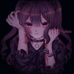  1girl bandaid bandaid_on_arm black_dress blood blood_on_face blunt_bangs censored commentary_request cuts dress hair_between_eyes holding holding_razor injury looking_at_viewer mosaic_censoring not_error original parted_lips purple_eyes razor scar scar_on_arm self-harm sidelocks solo twintails upper_body wrist_cutting 