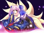  animal_ears bow brown_eyes fate/extra fate_(series) fox_ears fox_tail hair_bow japanese_clothes kimono kyuubi long_hair multiple_tails purple_hair solo tail tamamo_(fate)_(all) tamamo_no_mae_(fate) yokomizo_daisuke 