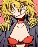  1girl bags_under_eyes beeru_(veil8801) blonde_hair breasts choker cleavage collarbone colored_eyelashes commentary_request epaulettes grin hair_between_eyes head_tilt highres long_hair major_reinberke medium_breasts messy_hair pink_background pumpkin_scissors red_choker sharp_teeth smile solo teeth yellow_eyes 