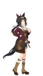  1girl animal_ears black_hair black_shorts blush breasts brown_eyes brown_hairband brown_shirt closed_mouth collarbone ear_covers full_body hair_ornament hairband hairclip hand_in_pocket highres horse_ears horse_girl horse_tail jacket jewelry logotype_(umamusume) long_hair long_sleeves looking_at_viewer medium_breasts necklace official_art overskirt red_jacket shirt shorts simple_background smile solo tail transparent_background umamusume 