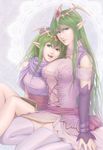  breasts cape chiki cleavage detached_sleeves elf fire_emblem fire_emblem:_monshou_no_nazo green_eyes green_hair headdress kinoeneko large_breasts long_hair mamkute mother_and_daughter multiple_girls nagi_(fire_emblem) pointy_ears see-through skirt smile thighhighs zettai_ryouiki 