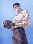  1boy belt black_hair buzz_cut camera collared_shirt disco_elysium dule_(anhaidule) feet_out_of_frame from_below glasses gloves hair_slicked_back highres holding holding_camera kim_kitsuragi male_focus round_eyewear shirt shirt_tucked_in short_hair solo very_short_hair white_shirt 