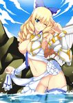  blonde_hair blush bow breast_slip breasts dean drill_hair hair_bow highres holding large_breasts long_hair looking_at_viewer midriff navel nipples no_panties one_breast_out one_eye_closed original parted_lips pussy salute solo standing thighhighs uncensored wading water 