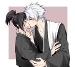  1boy 1girl alternate_universe aqua_eyes black_hair bleach bleach:_epilogue closed_eyes commentary english_commentary haori hetero highres hitsugaya_toushirou hitsugaya_toushirou_(adult) japanese_clothes kiss kurosaki_karin ponytail shihakusho silegesi taichou_haori white_hair 