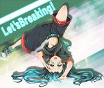  aqua_hair belt breakdance breasts engrish green_eyes hatsune_miku long_hair navel no_bra ranguage shirt shoes shorts slender_waist small_breasts sneakers solo t-shirt tom_(drpow) underboob upside-down vocaloid 