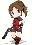  1girl beeru_(veil8801) bike_shorts bike_shorts_under_shorts black_gloves blue_eyes boots breasts brown_boots brown_hair claire_redfield commentary_request covered_collarbone cutoffs deformed fingerless_gloves full_body gloves gun hand_on_own_hip highres holding holding_gun holding_weapon medium_breasts ponytail red_shorts red_vest resident_evil resident_evil_2 short_hair short_shorts shorts simple_background solo vest weapon white_background 