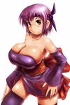  armpits ayane_(doa) bare_shoulders bow breasts bursting_breasts cleavage dead_or_alive dress headband huge_breasts japanese_clothes moriichi purple_hair red_eyes short_dress short_hair solo thighhighs 