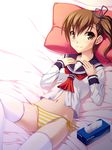  bad_id bad_pixiv_id brown_eyes brown_hair futami_mami idolmaster idolmaster_(classic) idolmaster_2 long_hair lying no_pants panties pillow school_uniform serafuku side-tie_panties side_ponytail solo striped striped_panties thighhighs tissue_box totokichi underwear 