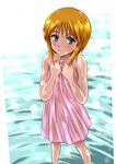  blue_eyes blush elpeo_puru gundam gundam_zz highres jmogutan orange_hair see-through solo towel water 