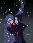 1boy 1girl aqua_eyes arm_up black_eyes black_hair bleach bleach:_brave_souls bleach:_sennen_kessen-hen carrying carrying_person coat commentary english_commentary hitsugaya_toushirou hitsugaya_toushirou_(christmas_2021) holding holding_sword holding_weapon hood hooded_coat kurosaki_karin miniskirt pleated_skirt red_scarf scarf school_uniform serafuku silegesi skirt snowflakes snowing sword weapon white_coat white_hair zanpakutou 