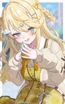  1girl blonde_hair blonde_streaks blue_eyes blue_nails border bow bowtie braid braided_hair_rings breasts brown_cardigan cardigan cloud_hair_ornament collared_shirt commentary_request dress gradient_hair hair_between_eyes hair_bow hair_intakes hair_ornament hair_rings hairclip highres invisible_chair kadou_mikaru large_breasts long_hair long_sleeves looking_at_viewer mountain multicolored_hair n/p_(xrey2588) nijisanji open_cardigan open_clothes open_mouth orange_bow orange_bowtie pinafore_dress plaid_bow plaid_bowtie plaid_clothes puffy_long_sleeves puffy_sleeves ribbon shirt sitting sleeveless sleeveless_dress smile solo sparkle steepled_fingers streaked_hair virtual_youtuber white_border white_ribbon white_shirt yellow_bow yellow_dress 