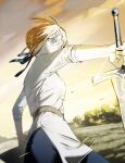  1girl absurdres artoria_pendragon_(fate) belt black_ribbon blonde_hair braid bun_with_braided_base caliburn_(fate) cloud commentary_request cowboy_shot day fate/stay_night fate_(series) grass green_eyes hair_bun hair_ribbon highres holding holding_sword holding_weapon nunuzii88 orange_sky outdoors ribbon saber_(fate) shirt single_hair_bun sky solo sword tree weapon white_shirt 