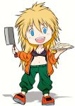  1girl :d aqua_pants beeru_(veil8801) blonde_hair blue_eyes breasts cleavage cleaver collarbone commentary_request deformed dorohedoro dumpling food full_body hair_between_eyes highres holding holding_cleaver jacket jiaozi long_hair long_sleeves medium_breasts messy_hair navel nikaidou_(dorohedoro) open_clothes open_jacket open_mouth orange_jacket orange_shoes pants plate shadow shoes simple_background smile solo sweatpants teeth upper_teeth_only white_background 