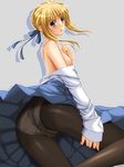  ahoge artoria_pendragon_(all) ass bad_id bad_pixiv_id black_legwear blonde_hair blue_eyes chiro crotch_seam fate/stay_night fate_(series) flat_chest nipples open_mouth panties panties_under_pantyhose pantyhose saber simple_background small_nipples solo underwear white_panties 