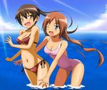  angela_salas_larrazabal bikini breasts brown_hair cleavage front-tie_top hi-ho- light_rays long_hair medium_breasts multiple_girls navel ocean one_eye_closed open_mouth patricia_schade shiny shiny_skin side-tie_bikini sunbeam sunlight swimsuit wading water world_witches_series 