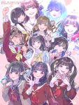  6+girls absurdres animification anyoji_hime aqua_neckerchief black_gloves black_hair blue_dress blunt_bangs braid brown_cardigan brown_dress brown_eyes brown_hair cardigan ceras_yanagida_lilienfeld character_doll clenched_hand clenched_hands commentary_request compass_(love_live!) doll dress everyone flower flower_knot gloves grey_eyes grin hair_flower hair_ornament half_updo hanamiya_nina hasu_no_sora_school_uniform hayama_fuka highres hinoshita_kaho hood hooded_jacket jacket kachimachi_kosuzu kan_kanna katsuragi_izumi kirisaki_nuko kurusu_rin link!_like!_love_live! lips long_hair long_sleeves love_live! miyake_miu mole mole_under_eye momose_ginko motion_blur multi-tied_hair multiple_girls multiple_seasonal_school_uniforms murano_sayaka neckerchief nesoberi nirei_nozomi nonaka_kokona open_cardigan open_clothes open_jacket open_mouth orange_eyes osawa_rurino pink_flower pink_jacket ponytail puffy_short_sleeves puffy_sleeves purple_hair rabbit_hair_ornament raised_fist real_life red_gloves red_neckerchief sailor_collar sailor_dress sakurai_hina sasaki_kotoko school_uniform sega_lucky_lottery_mascot_doll_(link!_like!_love_live!) shindou_amane short_sleeves side_braids smile summer_uniform tsukine_kona twintails v_arms virtual_youtuber voice_actor_connection white_sailor_collar winter_uniform yellow_neckerchief yume_wazurai zenhoi_kyun 