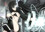  absurdres arm_cannon bikini_top black_hair black_rock_shooter black_rock_shooter_(character) blue_eyes boots burning_eye coat evan_yang highres long_hair midriff pale_skin scar shorts solo weapon 