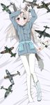  a6m_zero aircraft airplane animal_ears bed bf_109 blonde_hair blue_eyes blush eila_ilmatar_juutilainen fox_ears fox_tail j2m_raiden ju_87 kuroba_(f-15c_eagle) long_hair lying military military_uniform pantyhose shoes single_shoe solo spitfire_(airplane) strike_witches tail uniform white_legwear world_witches_series 