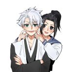  1boy 1girl aqua_eyes black_hair bleach bleach:_sennen_kessen-hen brown_eyes commentary crossed_arms english_commentary fingersmile haori high_ponytail highres hitsugaya_toushirou japanese_clothes kurosaki_karin ponytail school_uniform serafuku shihakusho sidelocks silegesi sweatdrop taichou_haori white_hair 