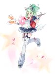  1girl absurdres animal_ear_hairband animal_ears bell black_dress black_garter_straps cat_ear_hairband cat_ears commentary cup dress english_commentary fake_animal_ears food food_request frilled_dress frilled_sleeves frills full_body garter_straps ghost_hair_ornament green_eyes green_hair hair_ornament hairband heart heart_hair_ornament highres holding holding_plate maid maid_headdress multiple_hair_clips neck_bell official_alternate_costume open_mouth plate ponytail red_bag solo standing standing_on_one_leg star_(symbol) sunna_(afternoon_tea_break)_(zenless_zone_zero) sunna_(zenless_zone_zero) sweatdrop triangle_hair_ornament user_fyvy7478 white_background white_wings winged_bag wings zenless_zone_zero 