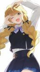 1girl ;d absurdres black_overskirt black_ribbon black_vest blue_skirt blush bow bowtie braid commentary_request fujita_kotone gakuen_idolmaster hair_ribbon hatsuboshi_gakuen_school_uniform highres idolmaster long_hair looking_at_viewer one_eye_closed plaid_bow plaid_bowtie plaid_clothes pleated_skirt ribbon school_uniform shirt shirt_tucked_in simple_background skirt skirt_set smile solo teiyan twin_braids very_long_hair vest white_background white_shirt 