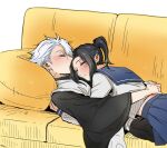 1boy 1girl black_hair bleach bleach:_sennen_kessen-hen commentary couch cuddling english_commentary haori hetero high_ponytail highres hitsugaya_toushirou japanese_clothes kurosaki_karin lying on_back pleated_skirt ponytail school_uniform serafuku shihakusho silegesi skirt sleeping sleeping_on_person taichou_haori white_hair 