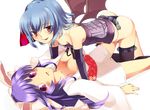  all_fours animal_ears bat_wings blue_hair breasts bunny_ears cleavage corset downblouse fangs fk highres japanese_clothes kimono lingerie long_hair lying medium_breasts multiple_girls no_pants on_back panties purple_hair red_eyes reisen_udongein_inaba remilia_scarlet short_hair small_breasts thighhighs touhou underwear wings yuri 