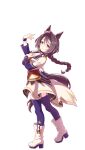  1girl animal_ears bodice boots braid braided_ponytail breasts choker cleavage closed_mouth collarbone corset cropped_jacket flower_ornament garter_straps green_eyes hair_between_eyes highres horse_ears horse_girl horse_tail jacket long_hair looking_at_viewer medium_breasts multicolored_hair official_art overskirt pendant_choker purple_choker purple_garter_straps purple_hair purple_thighhighs red_corset red_shorts sakura_chitose_o_(umamusume) shorts side_ponytail smile solo standing starting_future_(umamusume) streaked_hair tail thighhighs umamusume white_boots white_hair white_jacket wristband 