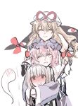  3girls black_hairband blonde_hair blue_hat blue_kimono blush bow closed_eyes closed_mouth commentary embarrassed facing_viewer gap_(touhou) green_eyes green_vest grey_hair hair_bow hairband hat hat_ribbon head_on_head head_rest highres hitodama hug hug_from_behind japanese_clothes kckhsrrr kimono konpaku_youmu konpaku_youmu_(ghost) long_hair mob_cap multiple_girls pink_hair red_bow ribbon saigyouji_yuyuko simple_background smile touhou triangular_headpiece untranslatable_commentary vest white_background white_hat yakumo_yukari 